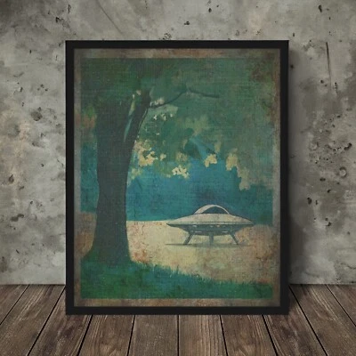 Vintage UFO FOREST TREE Wall Art, UAP Nature Decor, Retro Sci-fi Alien Poster - Image 1 of 4