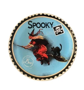 Halloween PLATE Witch On Broom 8" OLD WORLD STYLE Black Cat TrickOrTreat Ceramic - Picture 1 of 11