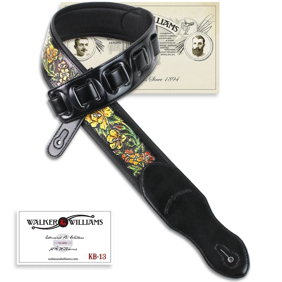 Correa negra brillante Walker & Williams KB-13 con rosas amarillas talladas en cuero granulado Foto 1 de 4