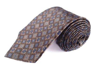 Corbata de seda Johnny Carson azul marrón tostado patrón geométrico 56,5 x 3,25 Foto 1 de 4