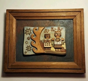 Holz gerahmtes Kunstwerk Seminario Keramik Cusco Peru signiert 8x10 ein Paar auf Fliese - Bild 1 von 15