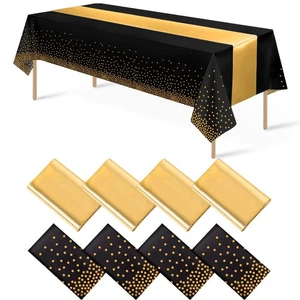 8Pack Disposable Plastic Tablecloths and Satin Table Runner Set Black Gold Do... - Picture 1 of 7