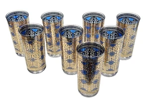 Set of 8 MCM Cera Cobalt Blue & Gold Mid Century Modern 5.5" Highball Glasses - Picture 1 of 11