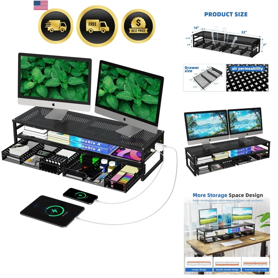 Dual Tier Monitor Stand Riser with USB Charging and Storage Organizer - Image 1 of 4