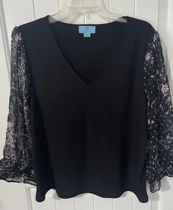 Blusa CeCe Mujer Manga Larga Mixta Media Negra Floral Cuello en V Talla Grande Top - Imagen 1 de 3