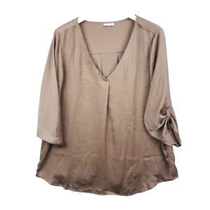 Eldys Blouse Femme L/XL Marron Taupe Tunique Ample Col V Pli Devant Manches 3/4 - Imagen 1 de 6