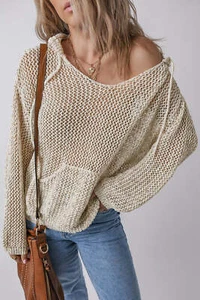 Jet Stream Hollow-out Kangaroo Pocket V Neck Hooded Sweater - Picture 1 of 9