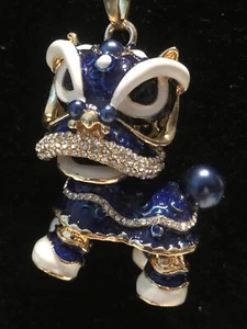 Betsey Johnson Necklace Blue DRAGON CHINESE KIREN LION Dark Gold Crystal - Picture 1 of 7