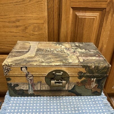 中国盒 Vellum Han 着色场景彩绘盒锁箱 13x7.25x5.5 英寸 — 第 1/4 张图片