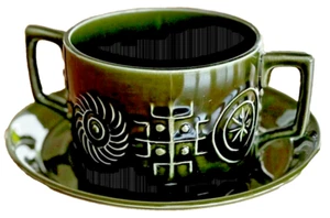 Vtg Cottagecore MCM English TWO PIECE Soup Bowl PORTMEIRION Totem Pattern Green - Picture 1 of 12