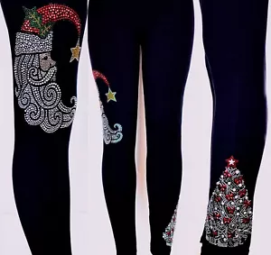 Regular or Plus One Size Leggings Rhinestone Crescent Santa Shiny Christmas Tree - Picture 1 of 7
