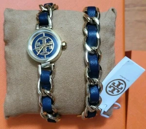 NUEVO CON ETIQUETAS TORY BURCH TRB7005 Reloj Pulsera Oro Cadena Cuero Azul Marino Envolvente para Mujer - Imagen 1 de 3