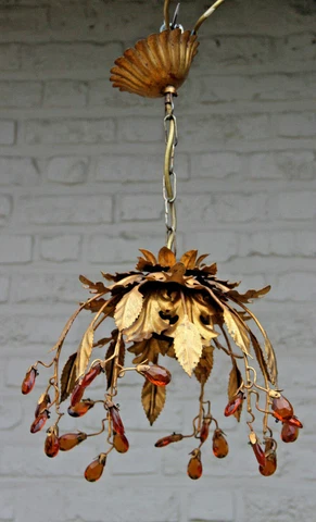 Mid century 1960 French chandelier pendant maison jansen era Amber glass drops Cover