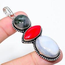 Blue Lace Agate, Agate Gemstone 925 Sterling Silver Jewelry Pendant 2.84" g074