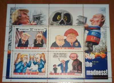 STAMP BLOCK Cartoon Donald Trump Vladimir Putin Stop Madness Free mail of the wo - Image 1 of 2