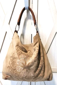 Lucky Brand Slouch hellbraun Wildleder Leder Peace Zeichen Hobo Peitschenstich - Bild 1 von 10