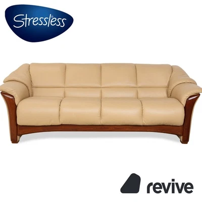 Stressless Oslo Leather Wood Four-Seater Beige Cream Brown Sofa Couch - Image 1 of 4