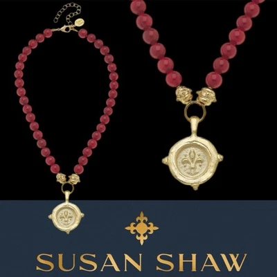 Collar Susan Shaw Oro Rojo Coral Flor De Lis Declaración Joyería 24k TPG Foto 1 de 4