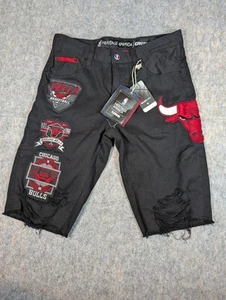NBA UNK Mens Jeans Chicago Bulls Embroidered Y2K Shorts Black W34 Patches NWT - Picture 1 of 14