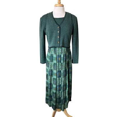 Vintage Karin Stevens Women's Green Floral Sweater Vest Maxi Dress Size 6 - Image 1 of 4