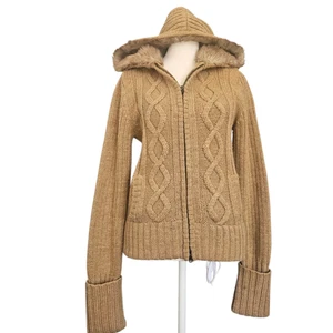 Y2K American Eagle Fell Hoodie Zopfmuster durchgehender Reißverschluss Pullover Damen Large beige Vintage - Bild 1 von 14