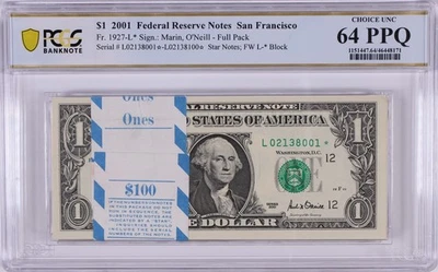 BEP Pack $1 2001 SAN FRANCISCO STAR FRN Notes 100 Consec. Fr. 1927-L*  CU 64 PPQ - Image 1 of 2