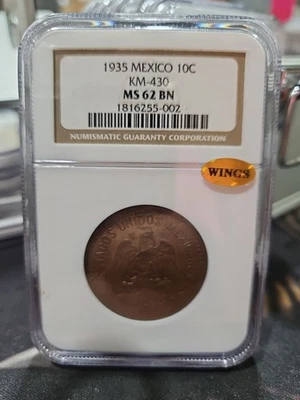 1935 Mexico 10 Centavos KM-430 NGC MS 62 BN GOLD WINGS STICKER  - Image 1 of 4