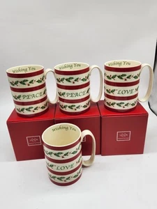 Taza Lenox Wishing You Peace Love Holiday Holly Red Stripe Holiday Wishes (4) T40 - Imagen 1 de 3