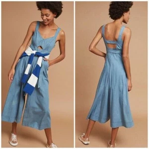 Anthropologie Holding Horses Chambray Cut-Out Wide-Leg Jumpsuits Sz 4 - Picture 1 of 5