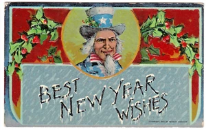 Uncle Sam - Beste Neujahrswünsche Vintage patriotische Urlaubspostkarte - Bild 1 von 2