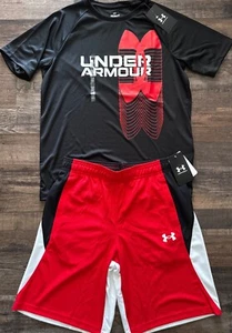NWT Under Armour Boys YLG Red/Black/White BIG LOGO Shorts Set Large - Picture 1 of 4