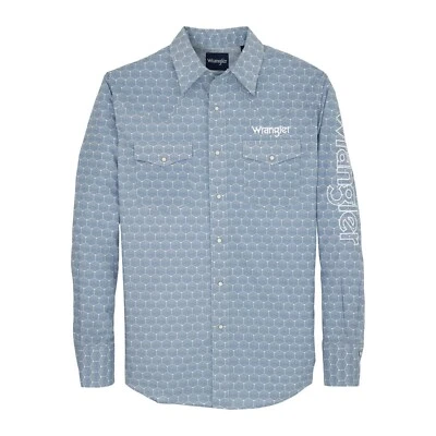 Men's Wrangler® Logo Long Sleeve Snap Shirt in Steely Blue Hexagons - 112359470 - Image 1 of 2
