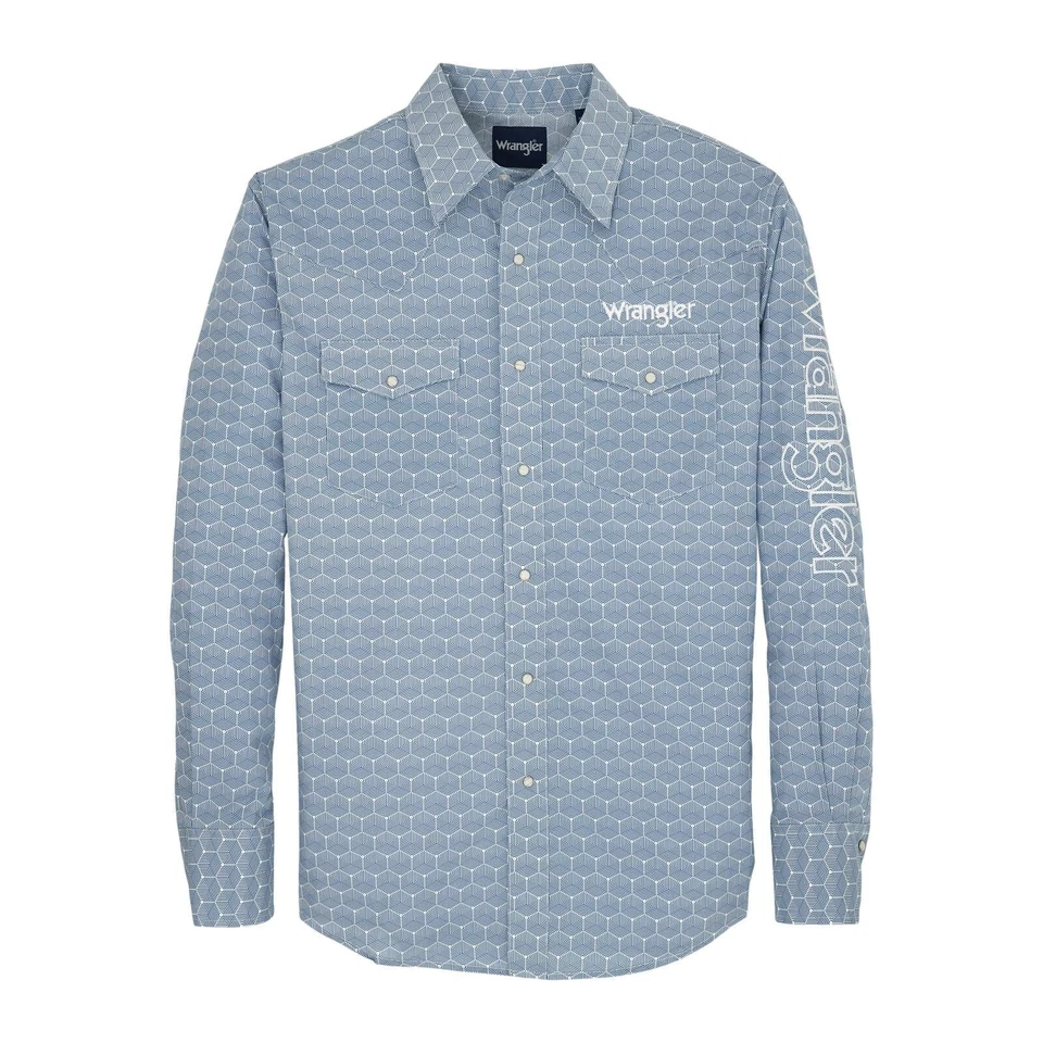 Men's Wrangler® Logo Long Sleeve Snap Shirt in Steely Blue Hexagons - 112359470 - Image 1 of 2