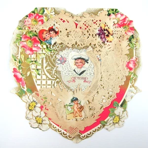 Antique Valentine Die cut Heart LARGE Boy Sailor Angel Girl Fishing UNSIGNED - Picture 1 of 12