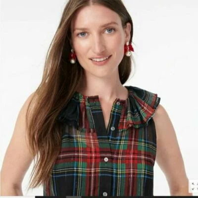 NUEVA Blusa Top J Crew Para Mujer Sin Mangas Cuello Volantes Stewart Tartán Cuadros S Nueva con Etiquetas Foto 1 de 4