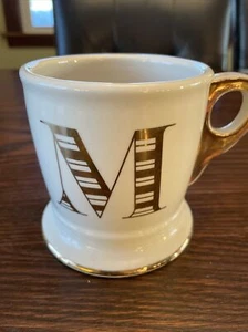 Anthropologie Monogrammed M Coffee Mug Gold White  Letter Initial Logo Barber - Picture 1 of 6