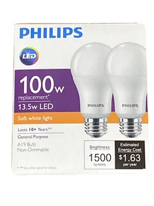Philips LED 100W Replacement 13.5w Soft White Light Bulb 2 Pack A19 1500 Lumens - Picture 1 of 4