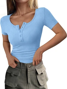 Women'S 2025 Summer Short Sleeve Tops Ribbed Knit Henley Button up Slim Fit Basi - Picture 1 of 12
