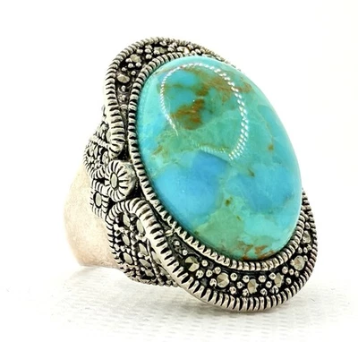 NF STERLING SILVER RING SIZE 8 TURQUOISE MARCASITE 20 Grams - Image 1 of 4