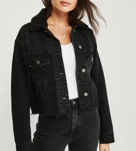 Abercrombie & Fitch Black Raw Cropped Denim Jean Jacket Sherpa Collar Womens M - Picture 1 of 16