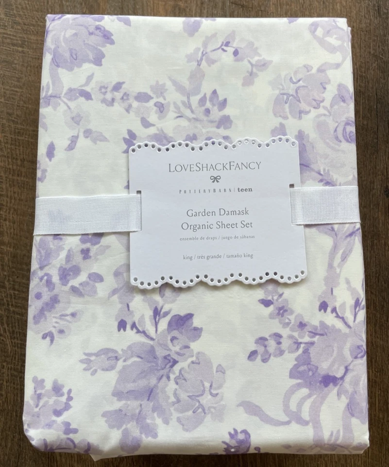Nuevo Juego de Sábanas Pottery Barn LoveShackFancy Jardín Damasco Orgánico KING ~Lavanda~ Foto 1 de 2