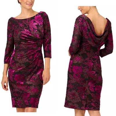 Adrianna Papell Purple Metallic Burnout Velvet Cowl-Back Dress Size 12 - Image 1 of 4