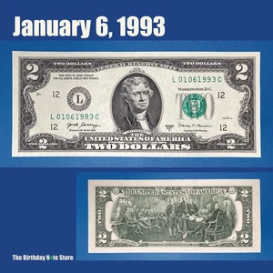 January 6, 1993 Birthday Anniversary $2 Two Dollar Bill Serial Number 01061993 - Picture 1 of 2