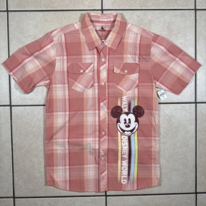 Disney Parks Shirt Mens Small Pink Plaid Mickey Mouse Short Sleeve Button-Up - Picture 1 of 9