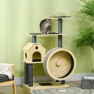 PawHut Katzenbaum Laufrad 4-Stock Kratzbaum Katzenhaus Sisalsäule Kiefernholz