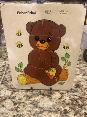 Vintage 1970's Fisher Price Honey Bear Wooden Tray Frame 8 Piece Puzzle #568 - Image 1 of 4