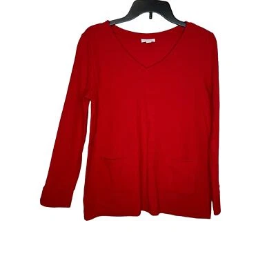 Camiseta para mujer J.Jill manga larga cuello en V bolsillo frontal mezcla de algodón roja pequeña Foto 1 de 4