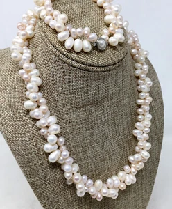 Genuino Barroco Collar de Perla Brazalete Set Convertible Torsada Rosa y Blanco - Imagen 1 de 10