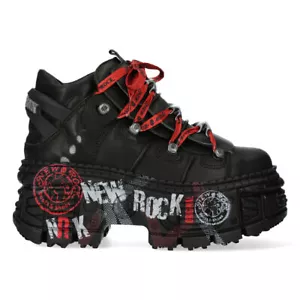 New Rock Boots WALL106-C9 Unisex Metallic Black Leather Platform Gothic Boots - Picture 1 of 7