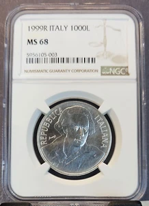 1999 VATICAN SILVER 1000 LIRE VITTORIO ALFIERI NGC MS 68 GEM BU TOP POP 1 - Picture 1 of 3